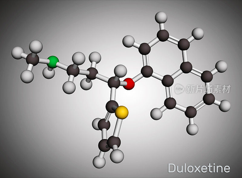 度洛西汀抗抑郁药分子。用于治疗焦虑症、神经性疼痛、骨关节炎。分子模型。3 d渲染。